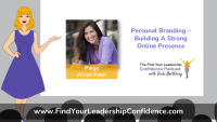 Promotional slide: cartoon woman in purple dress left, photo of Paige Arnof-Fenn center, with orange banner text below, and ‘Personal Branding – Building A Strong Online Presence’ with podcast logo on the right, website at bottom.