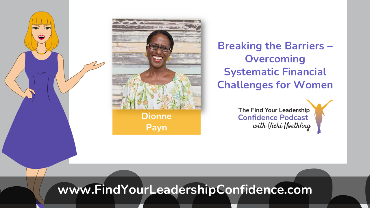 Cartoon presenter beside a slide announcing the podcast 'Breaking the Barriers' with guest Dionne Payn.