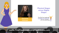 Cartoon woman in a purple dress presents a slide featuring Marianne Hickman’s photo, orange name banner, and the title 'Physical Stages versus Digital Stages' with a podcast logo.