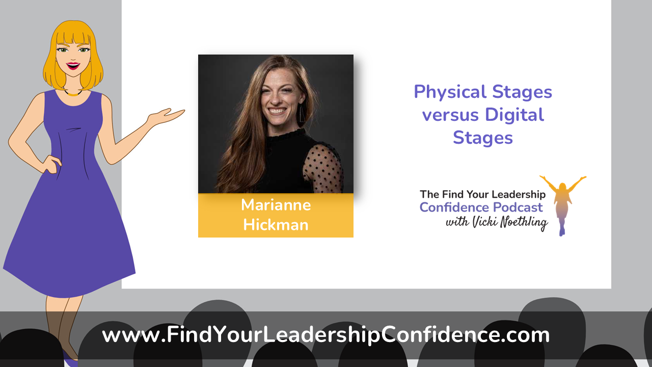 Cartoon woman in a purple dress presents a slide featuring Marianne Hickman’s photo, orange name banner, and the title 'Physical Stages versus Digital Stages' with a podcast logo.
