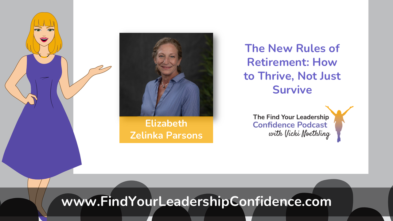 Cartoon woman in a purple dress presenting beside a slide showing a portrait of Elizabeth Zelinka Parsons with a yellow name bar. slide displays the title 'The New Rules of Retirement: How to Thrive, Not Just Survive' and podcast branding.