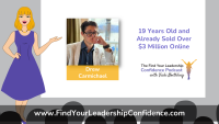 Promo slide featuring Drew Carmichael portrait with orange name badge, and headline: '19 Years Old and Already Sold Over $3 Million Online' with podcast logo on the right.