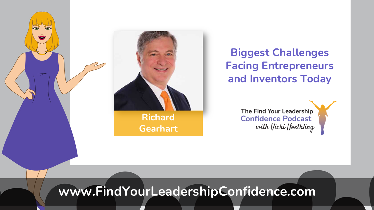 Promotional slide showing a cartoon presenter on the left and a business portrait on a central panel, with the title 'Biggest Challenges Facing Entrepreneurs and Inventors Today' and podcast branding on the right; bottom shows a website URL.