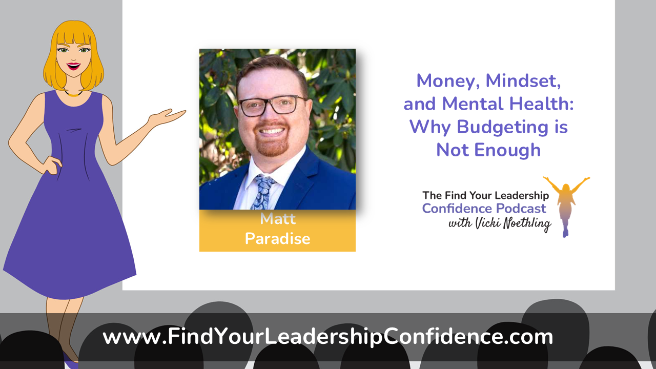 Cartoon presenter beside a slide promoting Matt Paradise and the podcast 'Money, Mindset, and Mental Health: Why Budgeting is Not Enough' with audience in the foreground.