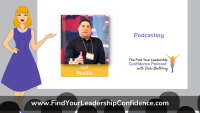 Presentation slide featuring guest Jeff Revilla's portrait, a 'Podcasting' title, and leadership confidence branding on the right.