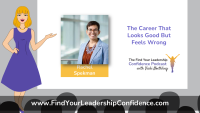Presentation slide: cartoon woman presenter on the left, a photo card of Rachel Spekman in the center, and the title 'The Career That Looks Good But Feels Wrong' on the right with podcast branding.