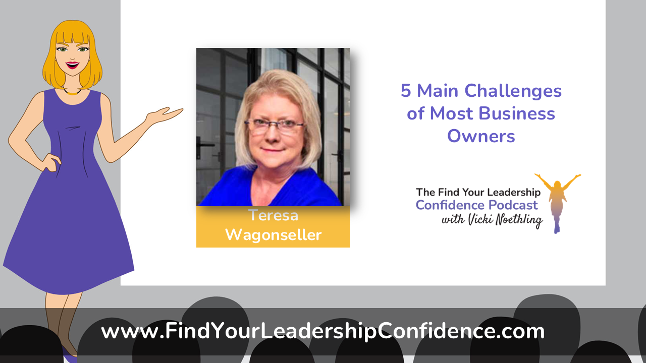 Podcast slide with a cartoon woman on the left, a photo of Teresa Wagenseller center, and the title '5 Main Challenges of Most Business Owners' on the right.