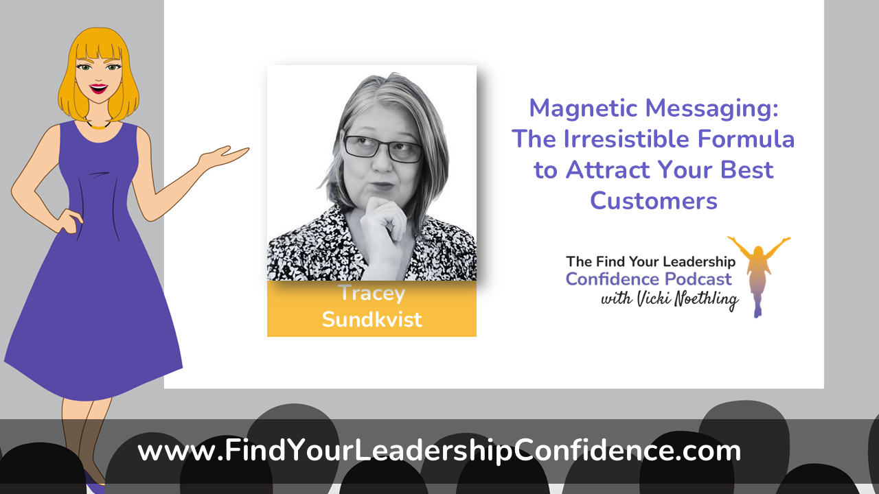 Banner slide for a podcast: cartoon woman in a purple dress on the left, a guest photo card (Tracey Sundkvist) in the center, and the title 'Magnetic Messaging: The Irresistible Formula to Attract Your Best Customers' on the right; site URL visible at bottom.
